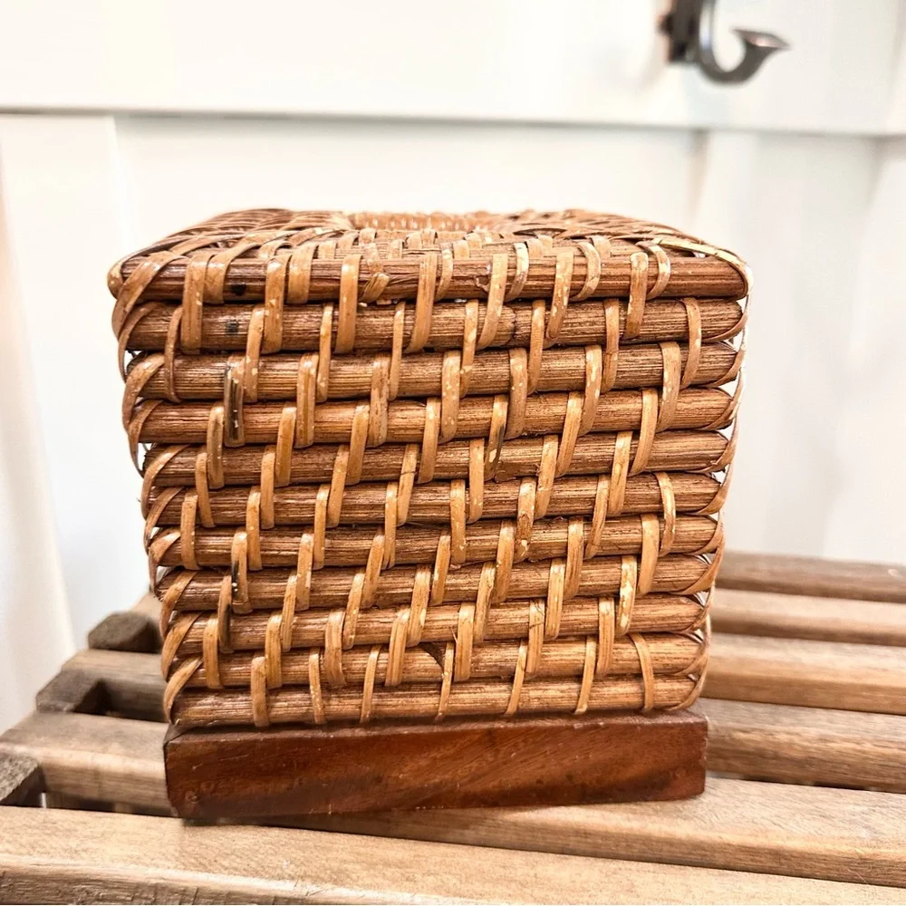 Woven Wood Square Cube Tissue Box Cover Wicker Basket Rattan Boho Medium Brown